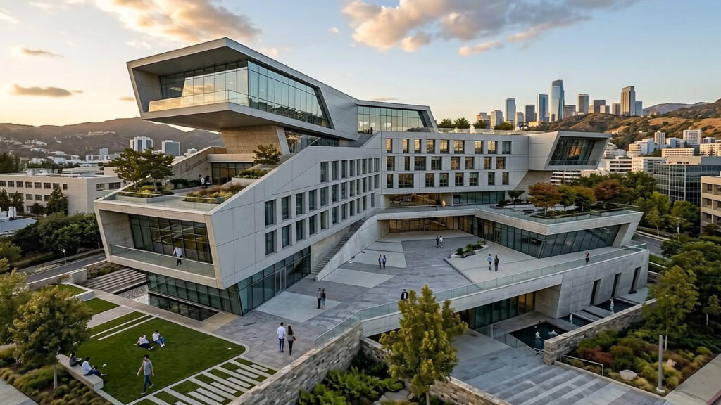 Een indrukwekkende, fotorealistische architectuurvisualisatie gegenereerd met Chaos Veras. Het beeld toont een spectaculair, gelaagd modern gebouw met grote glaspartijen, groene terrassen, wandelende mensen en een stadsskyline in de achtergrond tijdens het gouden uur.