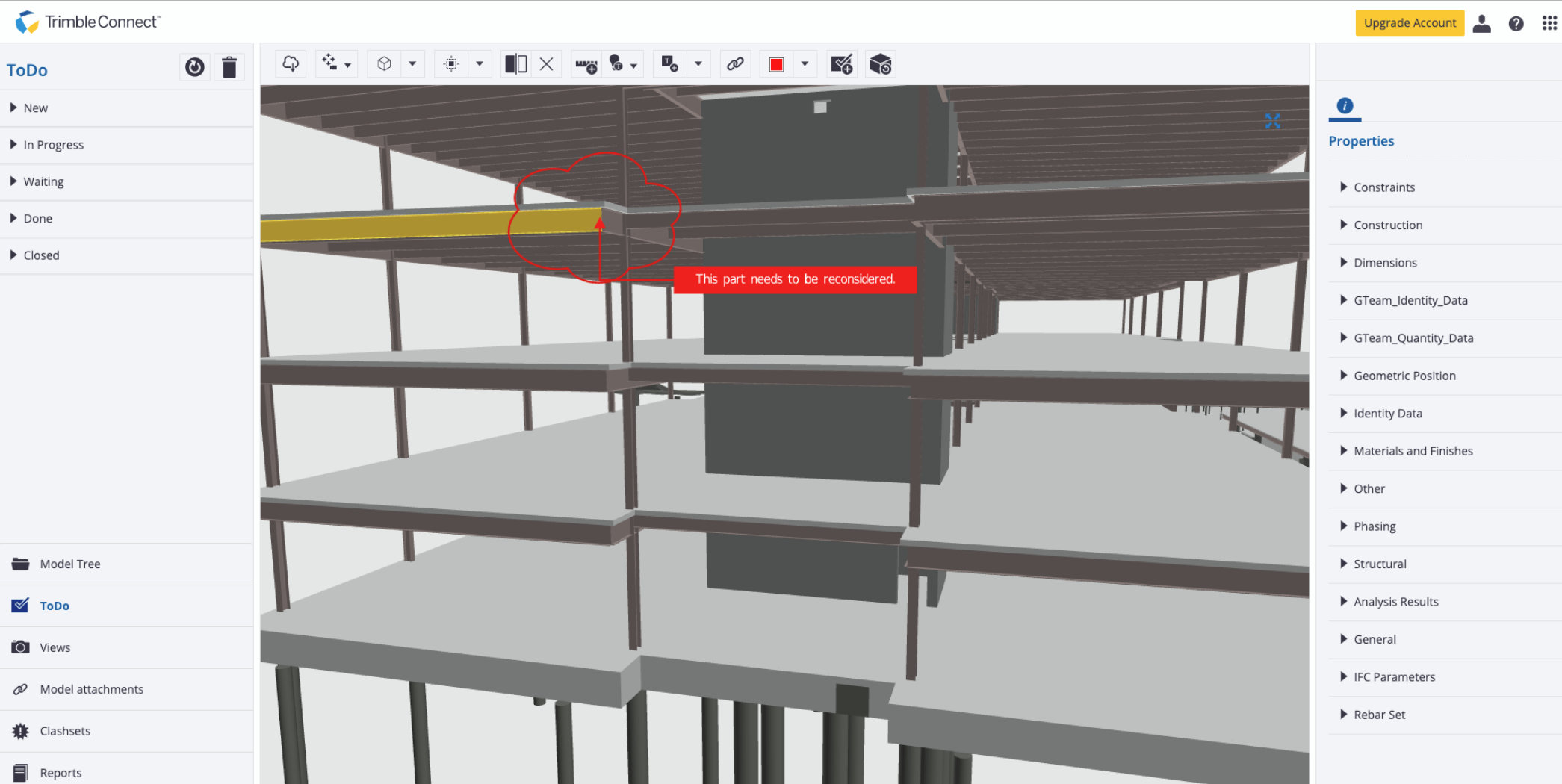 Een 3D-weergave van een staalconstructie in Trimble Connect met een actieve 'ToDo' taak. Een specifieke stalen balk is gemarkeerd met een rode revisiewolk en een tekstnotitie die vraagt om een herziening van het onderdeel.