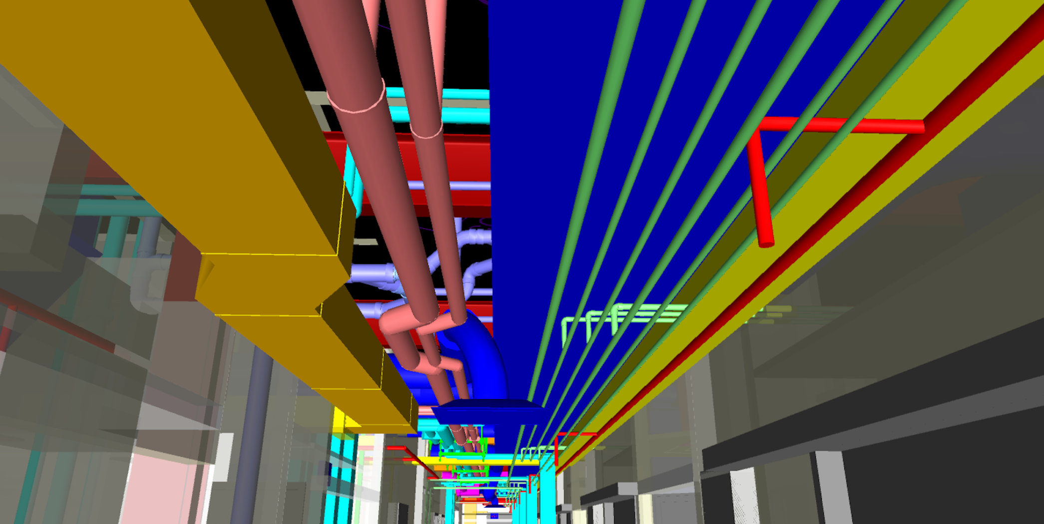 Een complexe 3D-weergave van MEP-installaties (zoals leidingwerk, elektra en luchtkanalen) in Trimble Connect. De systemen zijn weergegeven in felle, contrasterende kleuren ter bevordering van visuele coördinatie en clash detection.