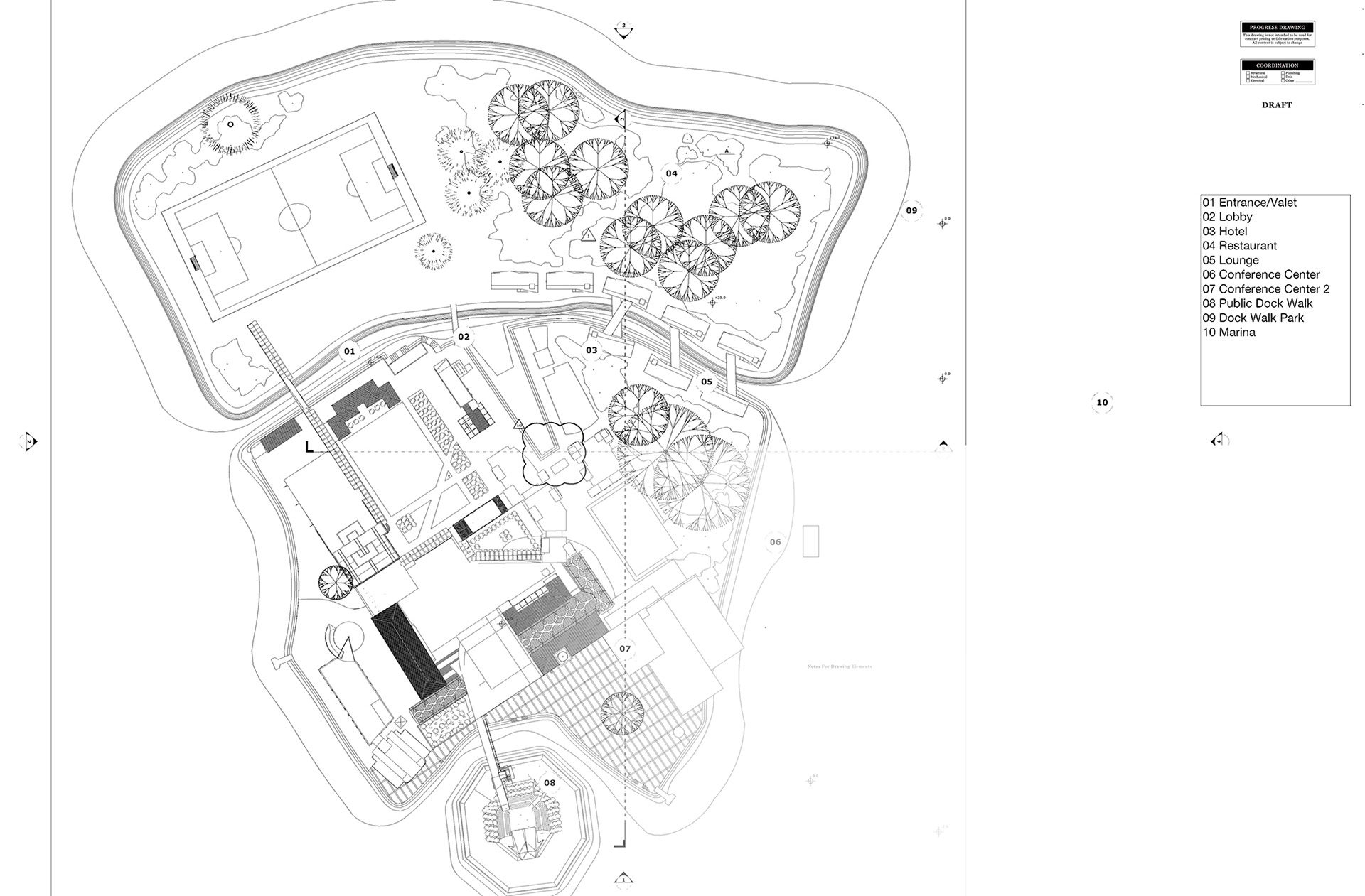 Een strakke 2D-situatietekening (plattegrond) van een eiland-campus, inclusief een voetbalveld, bomen en wandelpaden, geëxporteerd vanuit SketchUp naar LayOut. De tekening is voorzien van een genummerde legenda voor eenvoudige navigatie.