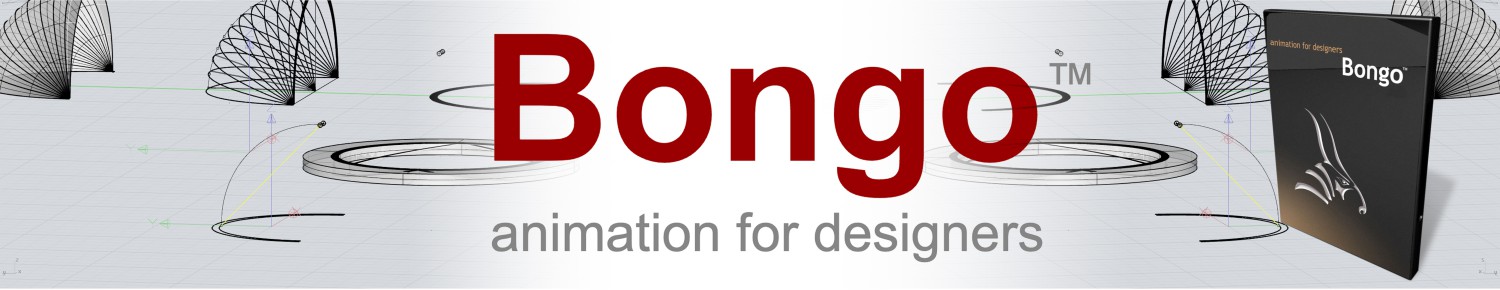 De officiële banner voor 'Bongo: animation for designers', een populaire plug-in voor Rhinoceros 3D. De banner toont het Bongo-logo en draadmodellen van geanimeerde objecten met bewegingspaden op de achtergrond.
