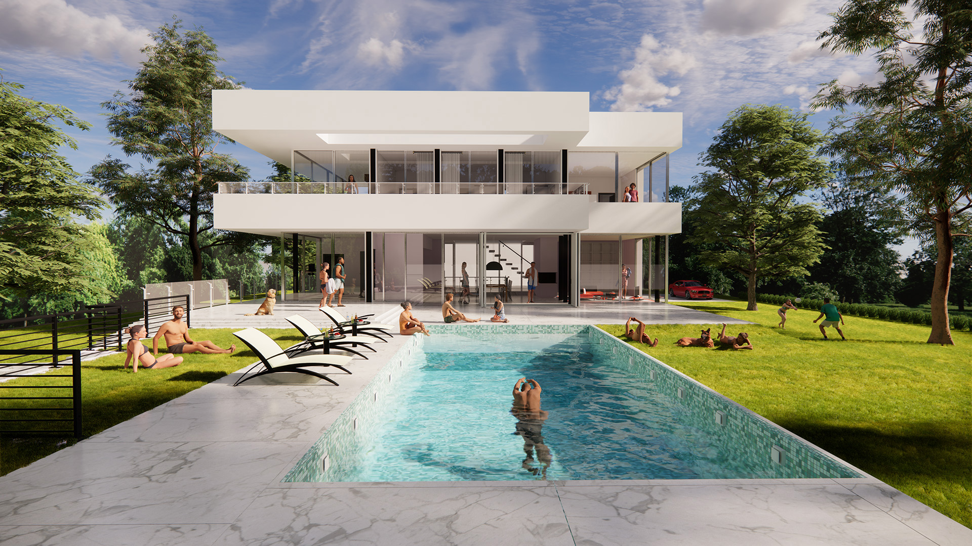 A sunny Enscape render of the backyard of a modern, white villa with large glass windows. People are swimming in the blue pool, sunbathing on loungers, and playing in the lush green garden.