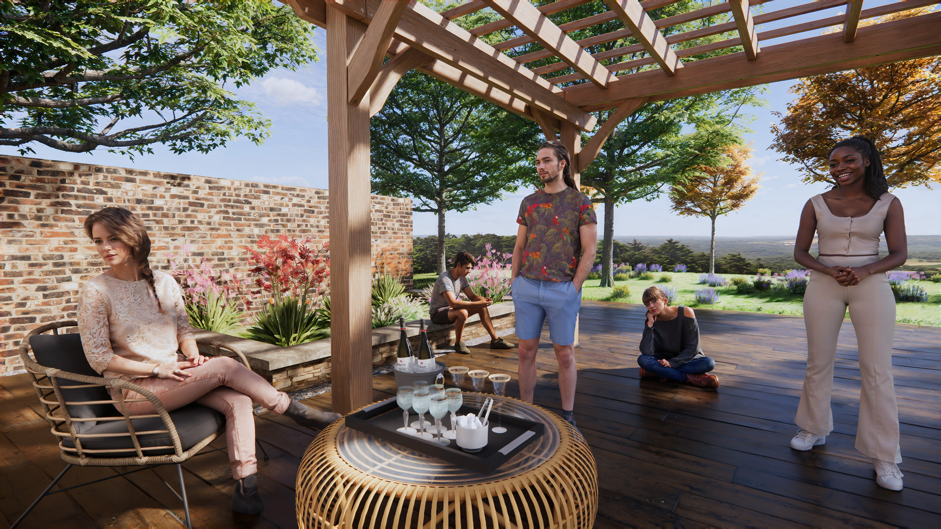 A photorealistic 3D visualization in Enscape of a wooden pergola over a wooden deck, where several people are relaxing in the sun. In the foreground is a round rattan table with glasses of wine.