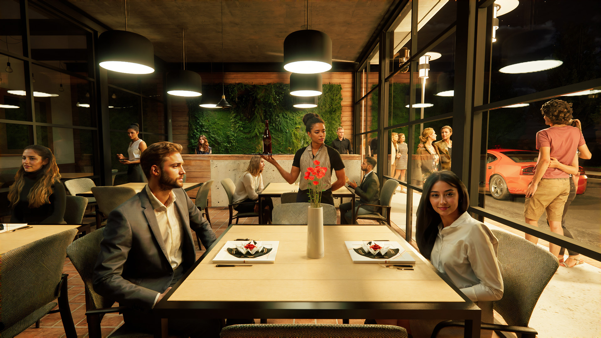 An Enscape night render of a warmly lit cafe with dark window frames. A waitress is bringing a drink to a table of guests. The atmospheric pendant lights contrast beautifully with the dark street outside.