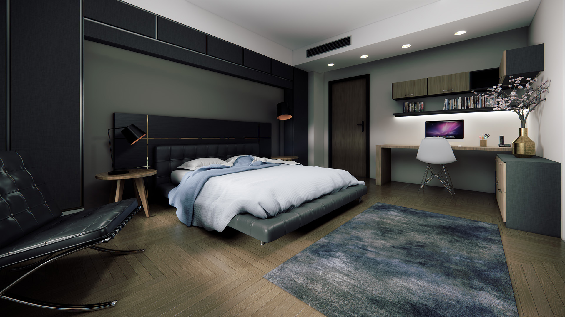 A photorealistic Enscape render of a modern bedroom with a dark, intimate aesthetic. The interior features a black leather bed, a designer lounge chair, and a sleek integrated workspace.
