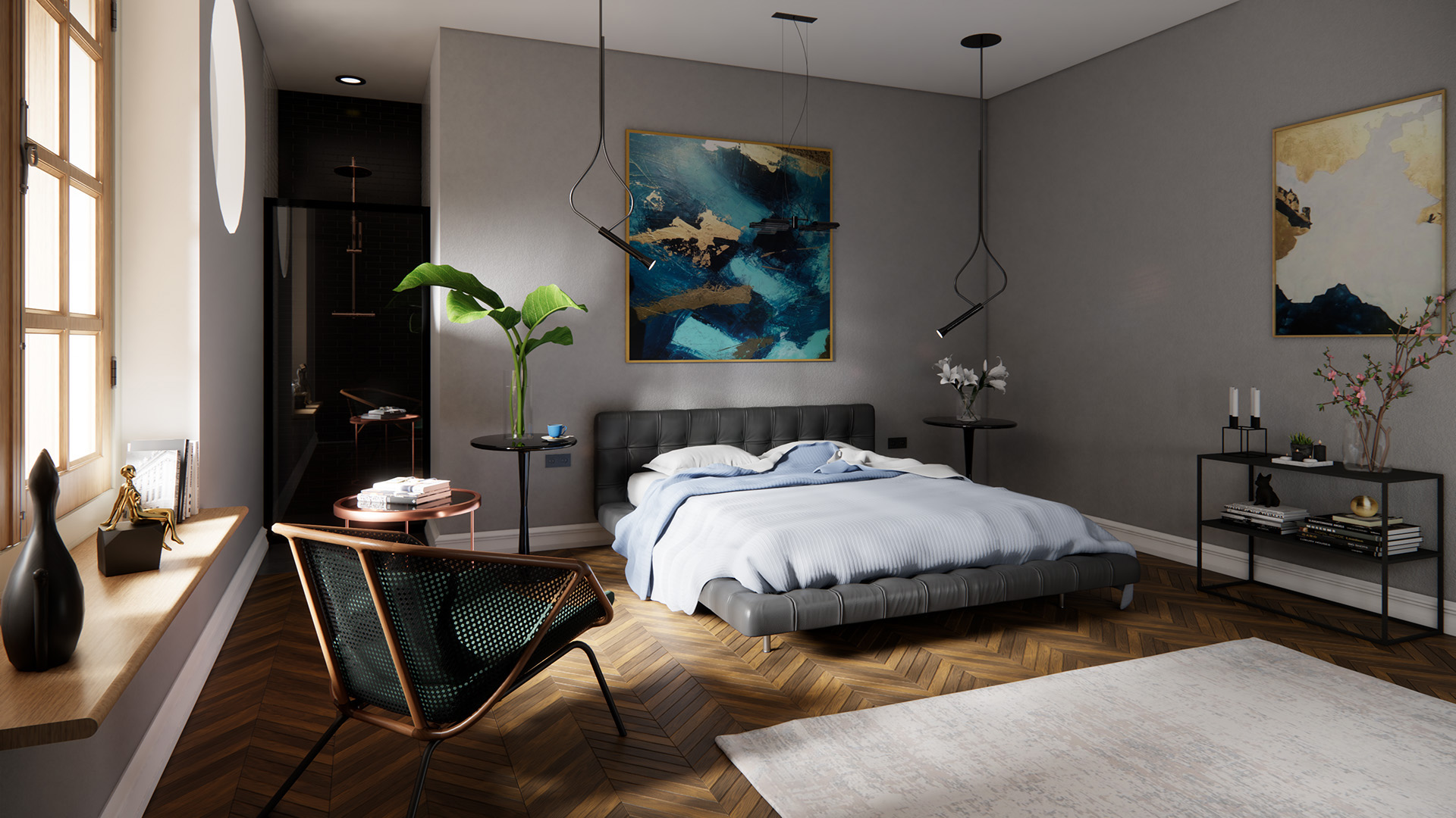 A bright, photorealistic Enscape render of a spacious, modern bedroom. Warm sunlight falls beautifully through the windows onto a wooden herringbone floor. The room is stylishly furnished with a low grey bed, a designer chair, abstract art, and sleek pendant lights.
