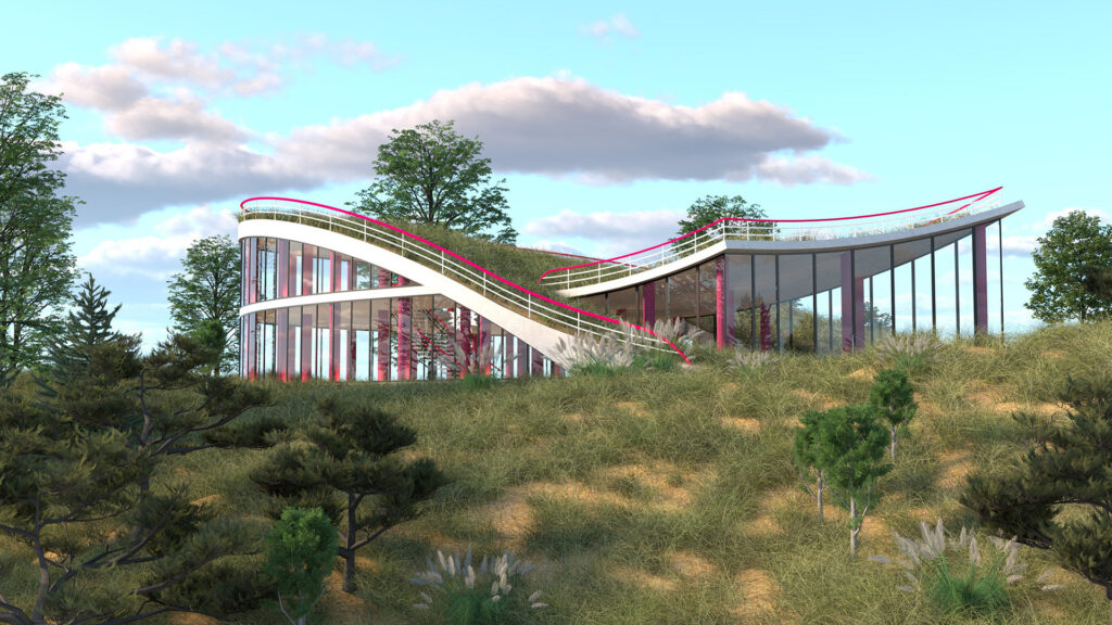 A photorealistic V-Ray exterior render of a modern, organically shaped dune house. The striking architectural design features a sweeping green roof with a bright pink railing and large glass facades, seamlessly integrated into a hilly dune landscape with marram grass.