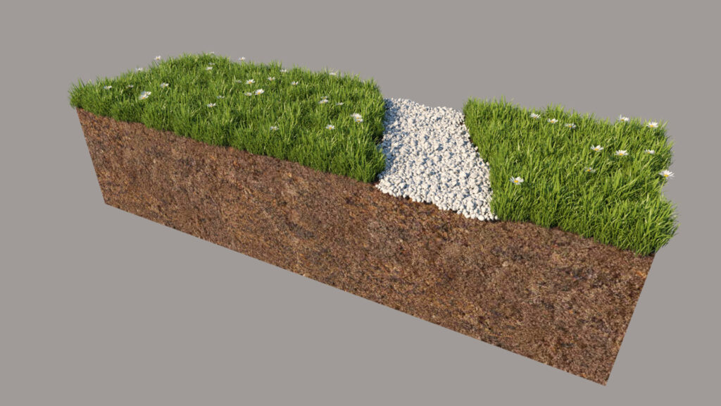 A 3D cross-section of ground showing soil, green grass with daisies, and a white gravel path, rendered with V-Ray. This technical cutaway showcases the realistic material rendering of the software.