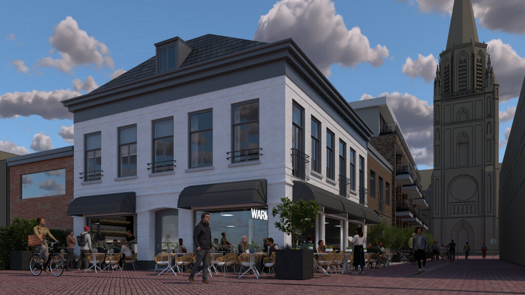 A photorealistic eye-level V-Ray render of a classic white corner building housing a cafe, situated on a lively brick street with patio diners and a church silhouette in the background.