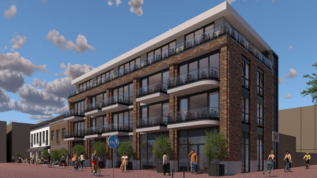 An eye-level 3D visualization of a modern, multi-story brick apartment complex with dark window frames and glass balconies, surrounded by cyclists and pedestrians on a brick road.