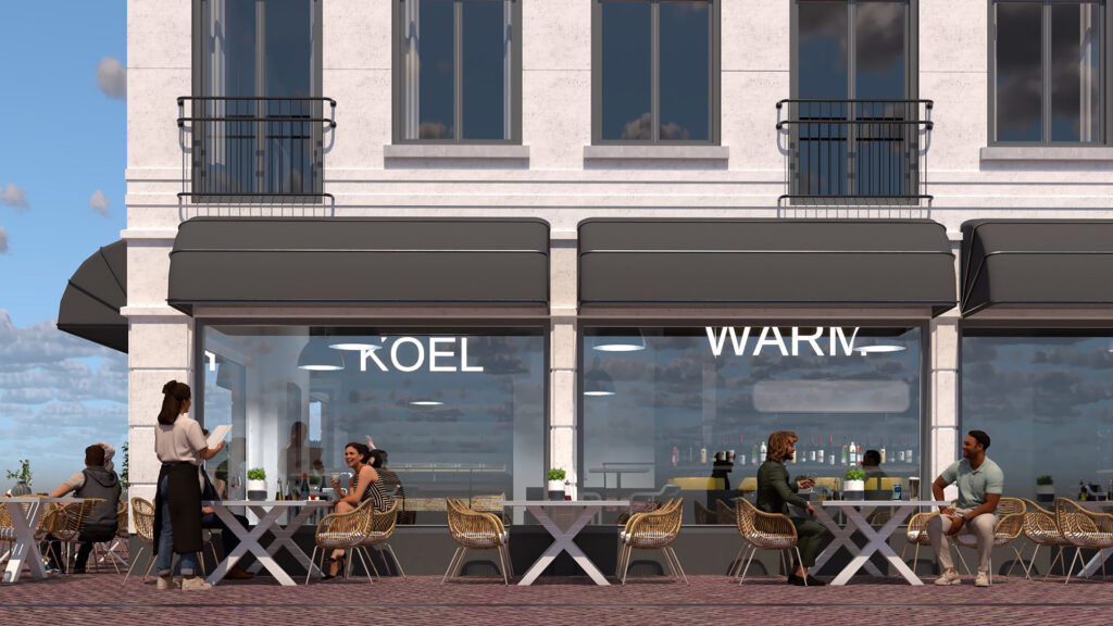 A detailed front-view V-Ray render of a classic white storefront with black awnings. The words 'KOEL' and 'WARM' are visible behind the large windows, while people sit at outdoor patio tables.