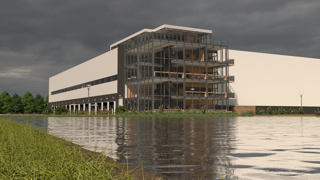A V-Ray exterior render of a large industrial building next to a body of water under an overcast sky. The building features an exposed steel structure with multiple stories of glass-fronted office space.