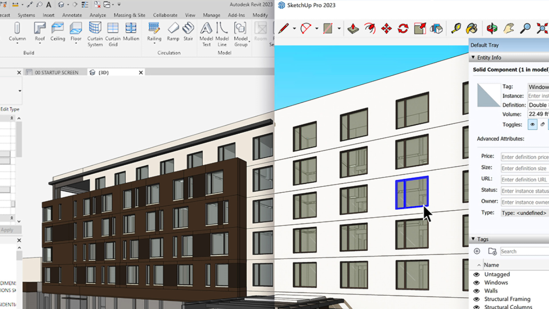 Een split-screen weergave die de Revit Importer functie illustreert. Links de interface van Autodesk Revit 2023 met een 3D-gebouwmodel, en rechts de naadloze vertaling van exact datzelfde model in SketchUp Pro 2023. In SketchUp is een raam geselecteerd, waarbij het zijpaneel toont dat belangrijke BIM-data zoals componenten en tags succesvol zijn overgenomen.