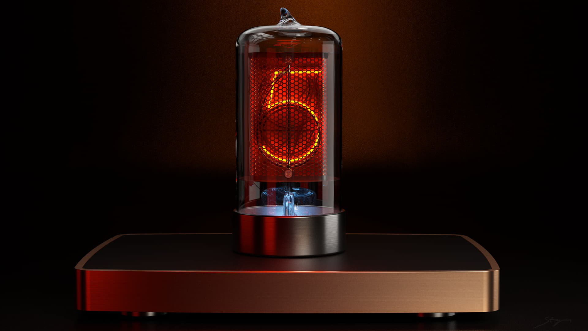 Een zeer gedetailleerde 3D-render van een vintage Nixie-buis die het cijfer 5 in fel oranje oplicht, gemonteerd op een strak koperen voetstuk. Een perfecte demonstratie van productontwerp, materiaalweergave en fotorealistische belichting in Rhino.