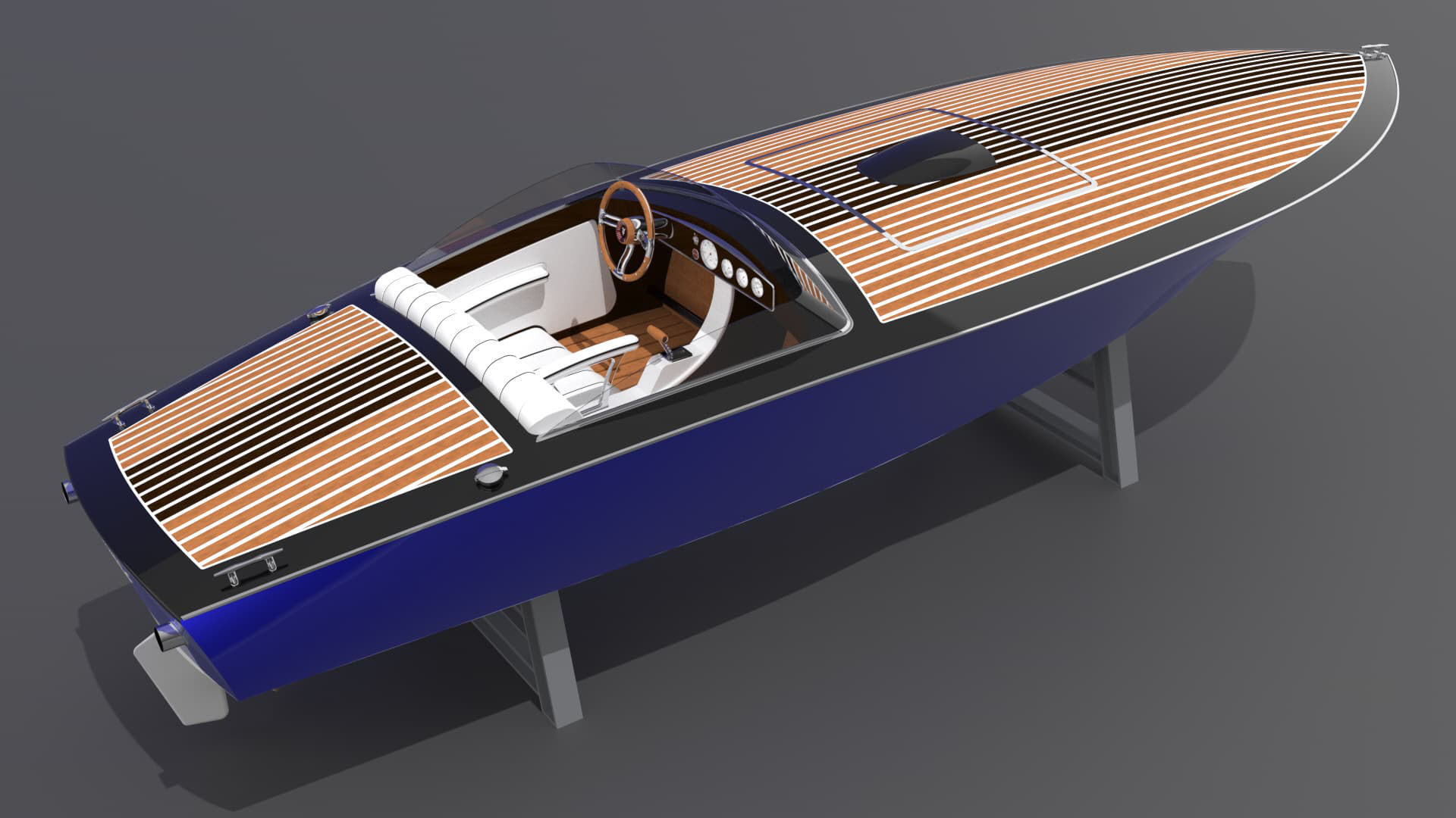 Een gedetailleerde 3D-render van een klassieke, luxe speedboot met een donkerblauwe romp en een ingelegd houten dek, rustend op grijze standaards. Deze afbeelding toont de kracht van Rhinoceros 3D voor jachtbouw en maritiem ontwerpen, ideaal voor het modelleren van complexe, vloeiende scheepsrompen.