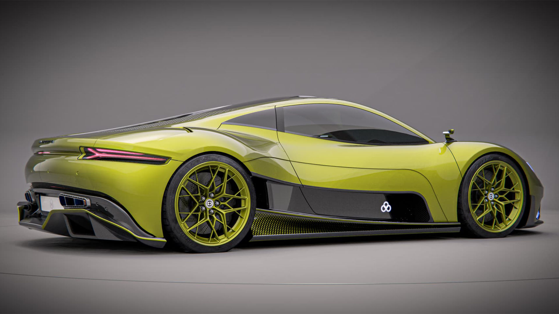 Een spectaculaire 3D-render van een moderne, limegroene hypercar, gezien schuin van achteren. De complexe aerodynamische rondingen en uiterst gedetailleerde velgen benadrukken de enorme rekenkracht van Rhino voor automotive design.