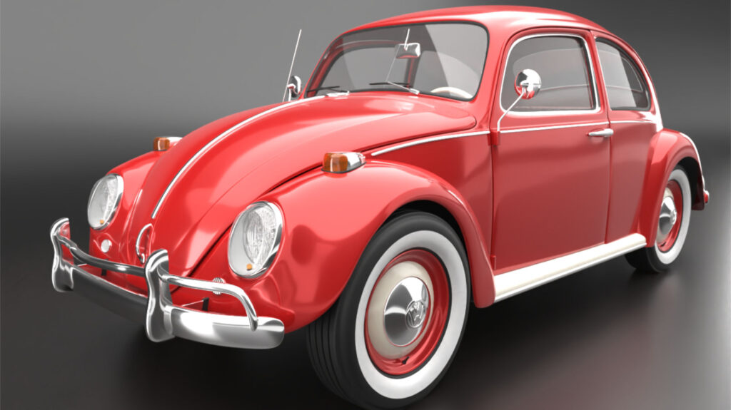 Een hoogwaardige 3D-render van een klassieke, vuurrode Volkswagen Kever in een donkere studio-omgeving. De loepzuivere reflecties op de carrosserie tonen de perfecte en vloeiende oppervlakte-continuïteit die kenmerkend is voor Rhinoceros.