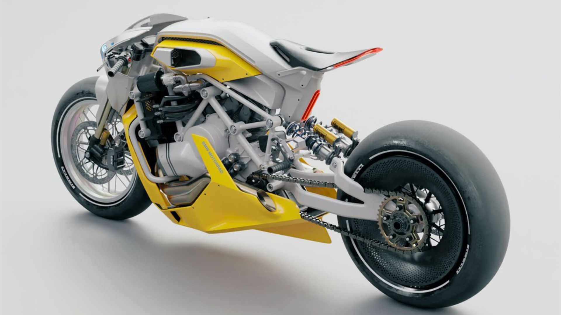Een ultra-realistische 3D-render van een futuristische, op maat gemaakte BMW motorfiets met zichtbare, uiterst complexe mechanische onderdelen in wit en geel. Een absoluut meesterwerk van technisch en industrieel 3D-ontwerp in Rhino.