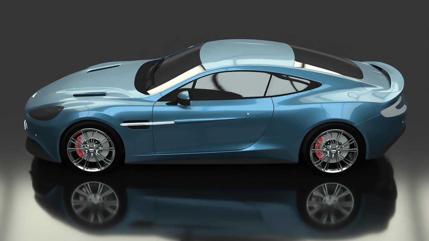 Een indrukwekkende, fotorealistische 3D-render van een strakke, lichtblauwe sportwagen die reflecteert op een glanzende donkere studiovoer. Deze hero-afbeelding demonstreert de ongekende nauwkeurigheid van Rhinoceros 3D voor automotive design en hoogwaardig industrieel ontwerpen.