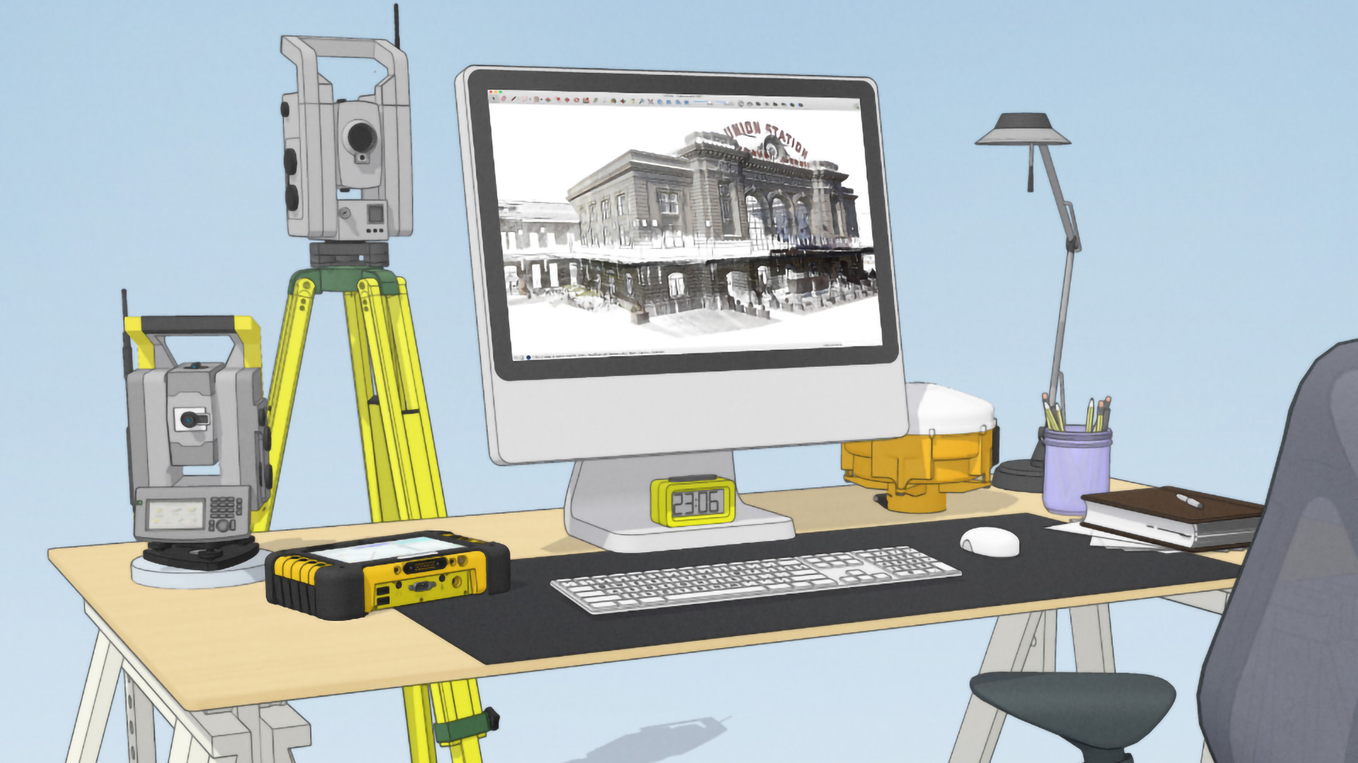 Een 3D-illustratie van een kantoorwerkplek. Centraal staat een computerscherm waarop een gedetailleerde point cloud van Union Station in SketchUp wordt weergegeven via Scan Essentials. Rondom het bureau staan diverse landmeetinstrumenten, waaronder een total station op een geel statief, een GNSS-ontvanger en een robuuste tablet.