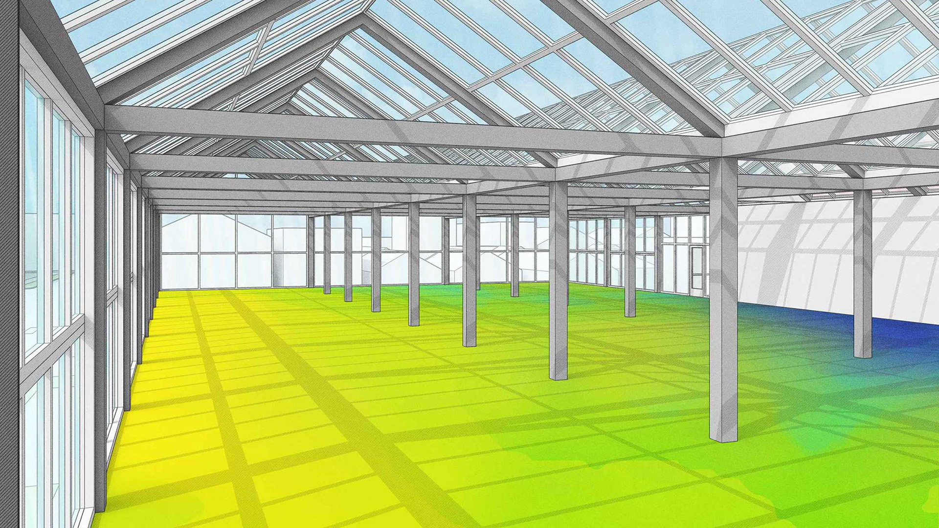 Een brede header-afbeelding van SketchUp Sefaira die een 3D-interieur toont van een ruimtelijk gebouw met een glazen kap en stalen kolommen. Op de vloer is een gedetailleerde kleuren-heatmap geprojecteerd (van geel naar blauw), wat een daglichttoetredings- en energieanalyse visualiseert ten behoeve van duurzaam ontwerpen.
