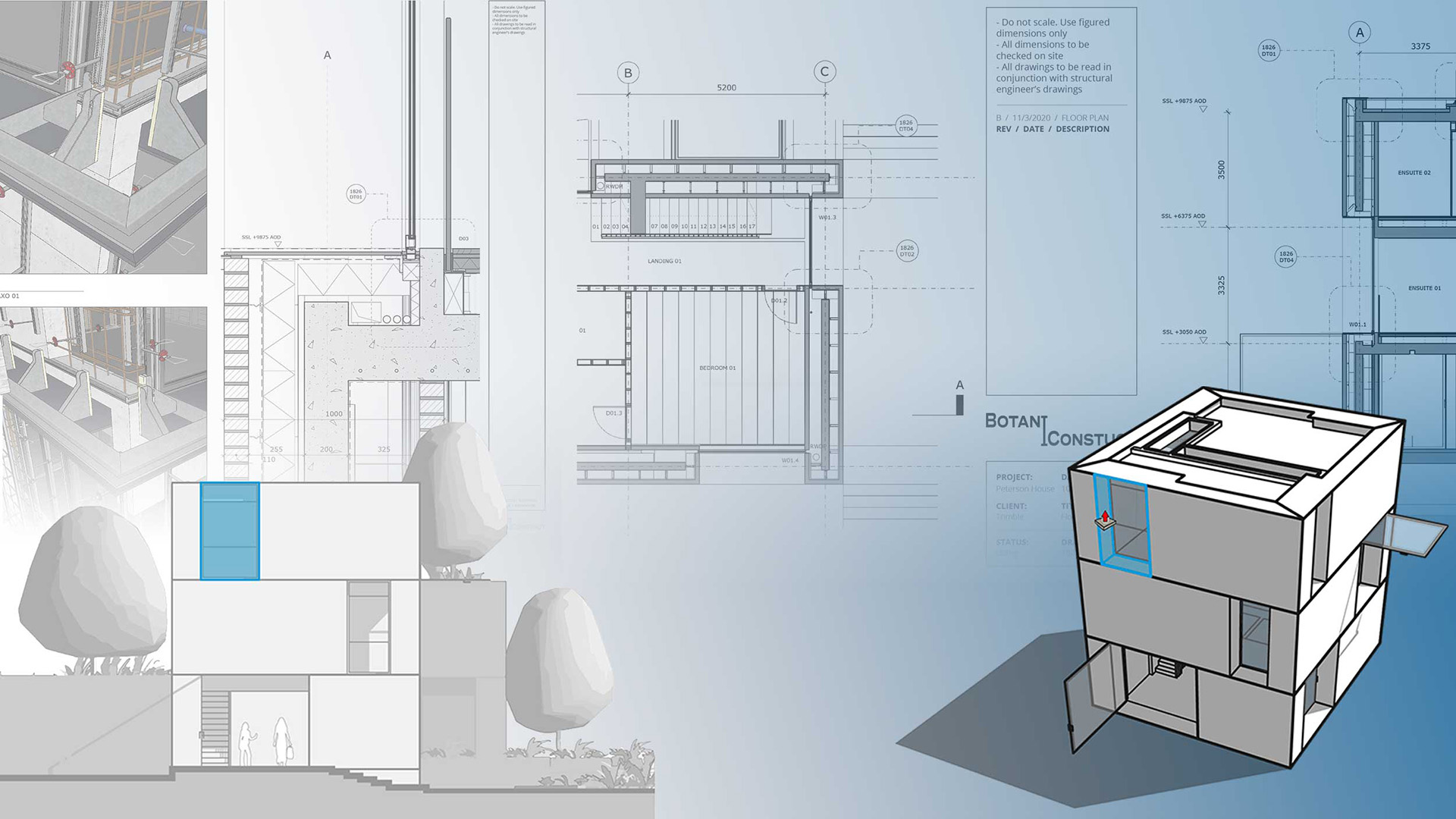 Een grafische collage die de integratie tussen 3D en 2D in SketchUp 2022 toont. Een 3D-gebouwmodel (rechtsonder) correspondeert direct met de blauwe technische 2D-aanzichten, doorsnedes en detailtekeningen in de achtergrond via LayOut.