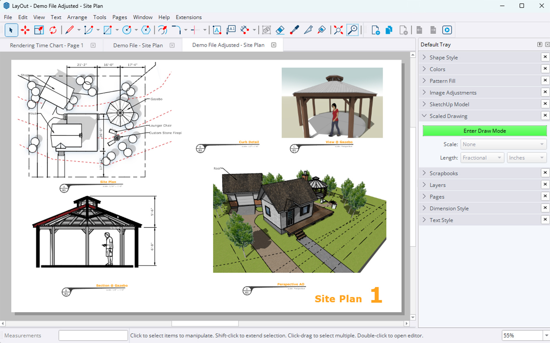 Een overzicht van de SketchUp LayOut 2026 interface met een opgemaakte situatietekening van een tuin met een prieel. Het rechterpaneel toont de geactiveerde 'Scaled Drawing' modus (schaaltekenen) voor papierloos en accuraat 2D-tekenwerk.
