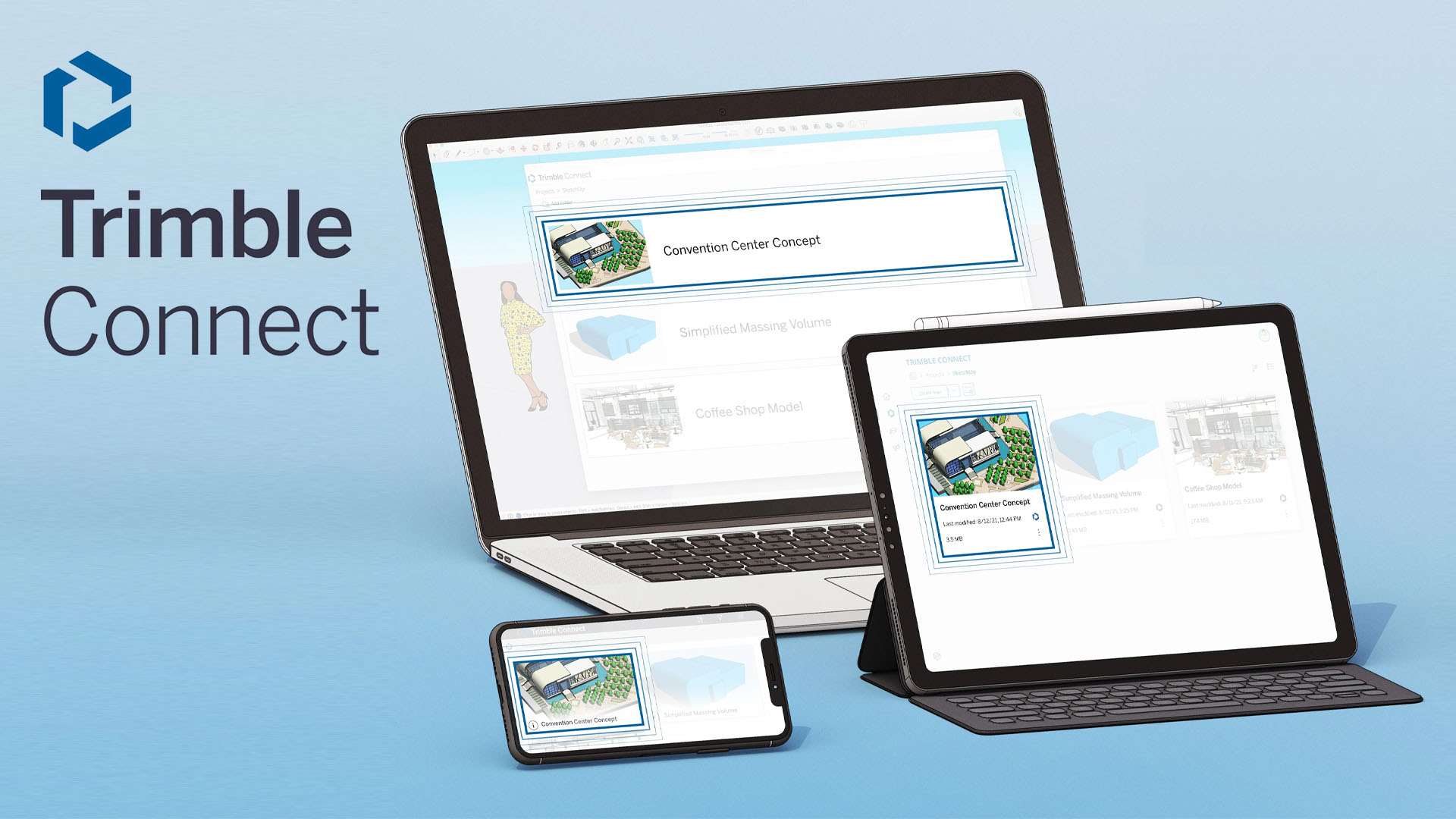Een illustratie van het Trimble Connect ecosysteem met een laptop, een iPad Pro (inclusief Apple Pencil) en een iPhone. Alle apparaten tonen synchroon hetzelfde architectonische project, wat de cross-device mogelijkheden van SketchUp for iPad benadrukt.