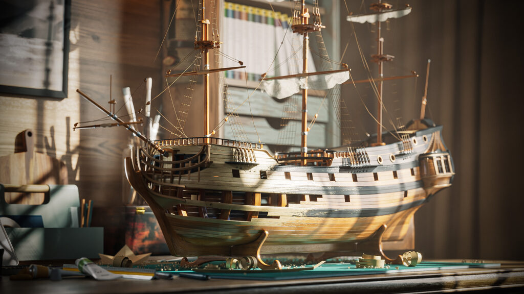 A photorealistic 3D render of a detailed wooden scale model of a historic sailing ship on a workbench with tools, bathed in atmospheric sunlight. Created to demonstrate V-Ray 7 AMD GPU support.