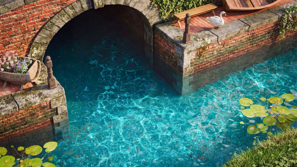 A close-up 3D render of a canal with clear blue water, a stone arch bridge, water lilies, and a swan. The image displays stunningly realistic light refractions (caustics) on the bottom of the water, accurately calculated by V-Ray 7.