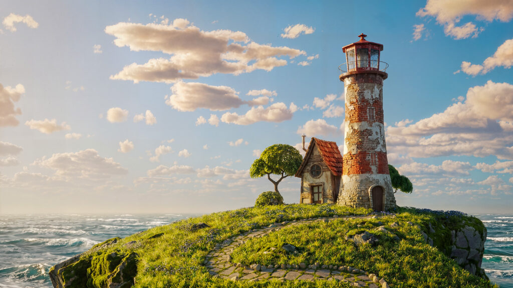 An impressive 3D render of a weathered lighthouse and stone cottage on a grassy, rocky island in the sea. The image highlights V-Ray 7's powerful 'Displacement' material technique for hyperrealistic brickwork, rocks, and grass.