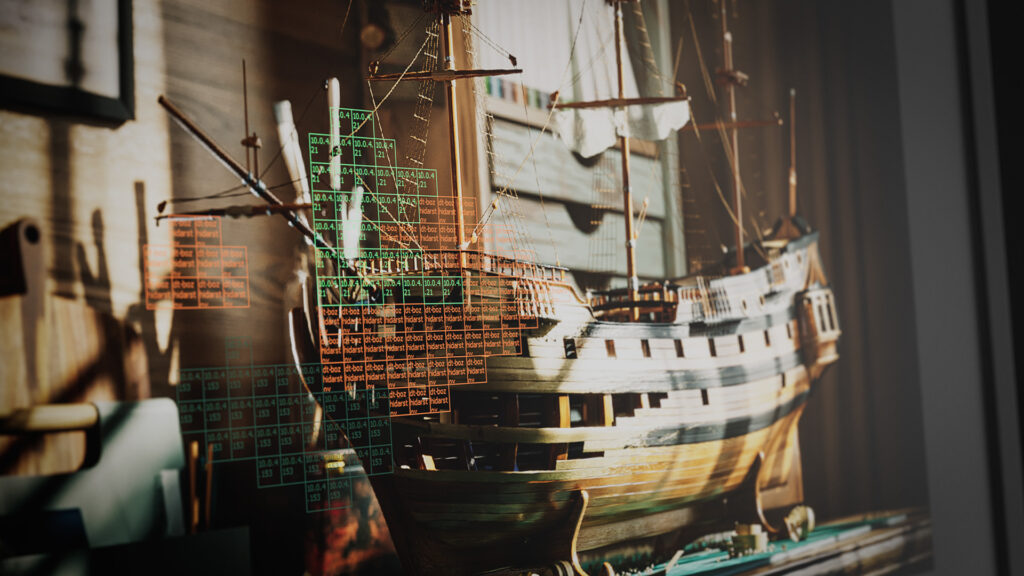 A 3D render of a wooden model ship, partially covered with a technical overlay of colored render buckets (square blocks). This visualizes the updated Distributed Rendering (DR2) functionality in V-Ray 7 for faster, distributed network rendering.