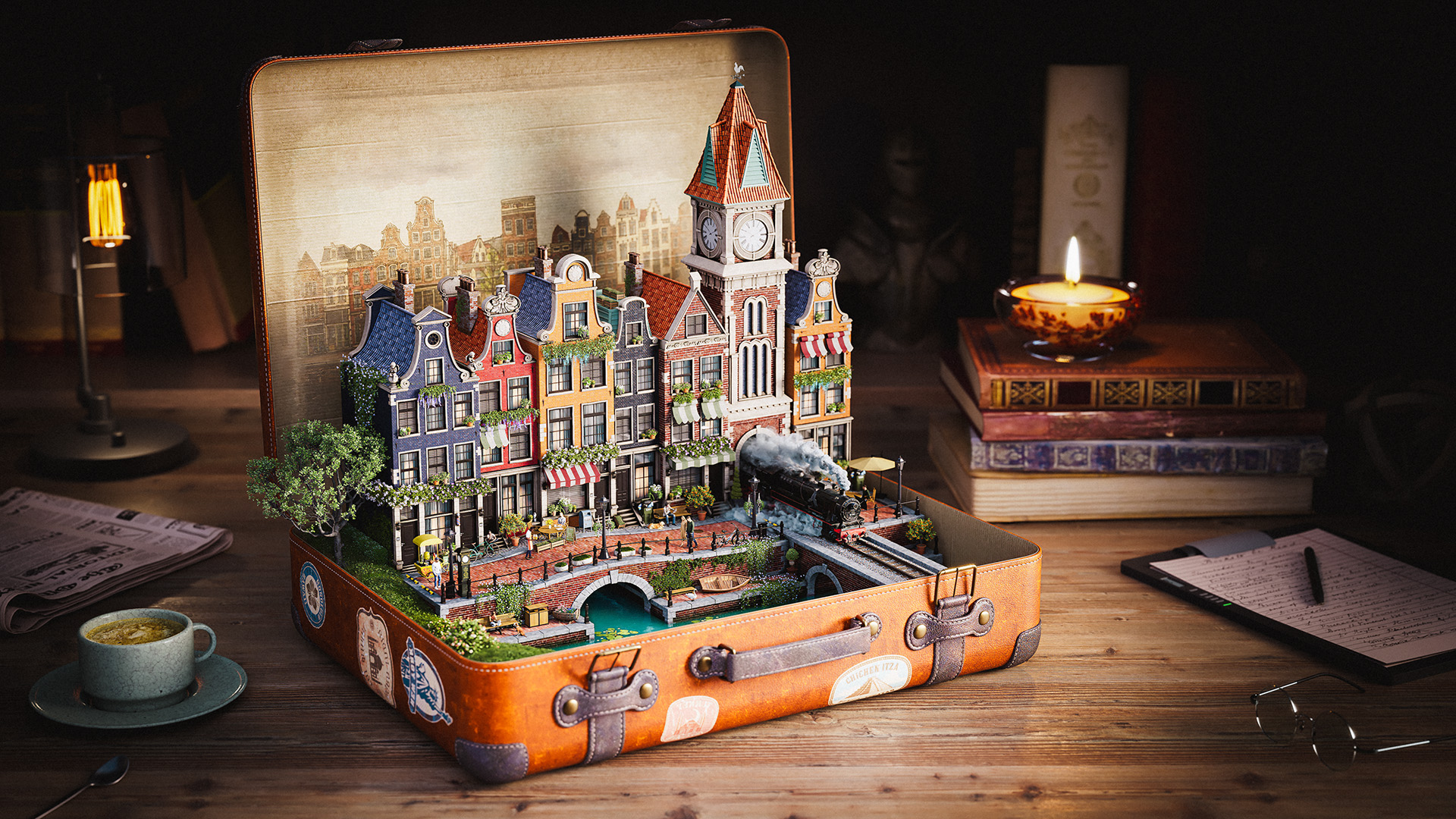 Een magische 3D-render van een vintage koffer die openstaat, met daarin een zeer gedetailleerde, miniatuur Europese grachtenstad inclusief brug, klokkentoren en stoomtrein. Deze hero-afbeelding toont de kracht van V-Ray 7 voor complexe M&E visualisaties.