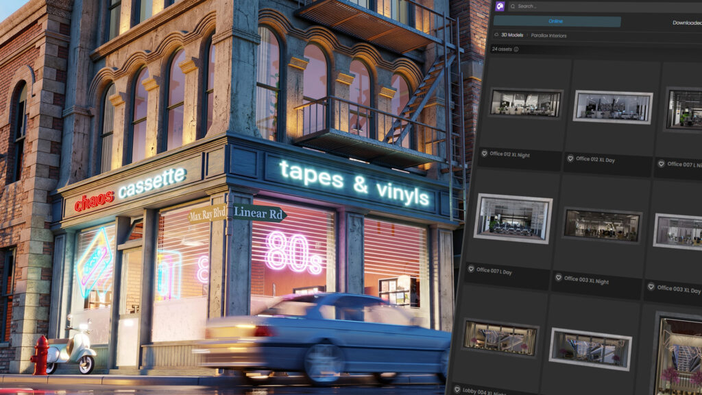 An atmospheric 3D night render of a neon-lit record store, combined with a look at the Chaos Cosmos interface showcasing the new, compute-efficient 'Parallax interiors' for fast window visualizations.