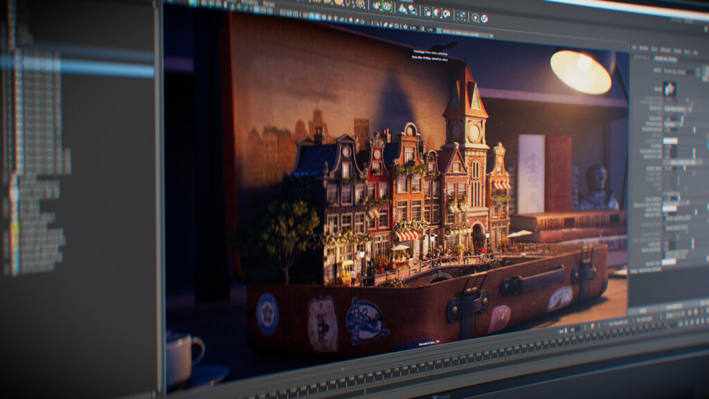 A computer monitor displaying a 3D software interface, where the V-Ray real-time viewport smoothly and instantly renders the detailed miniature city inside the suitcase.