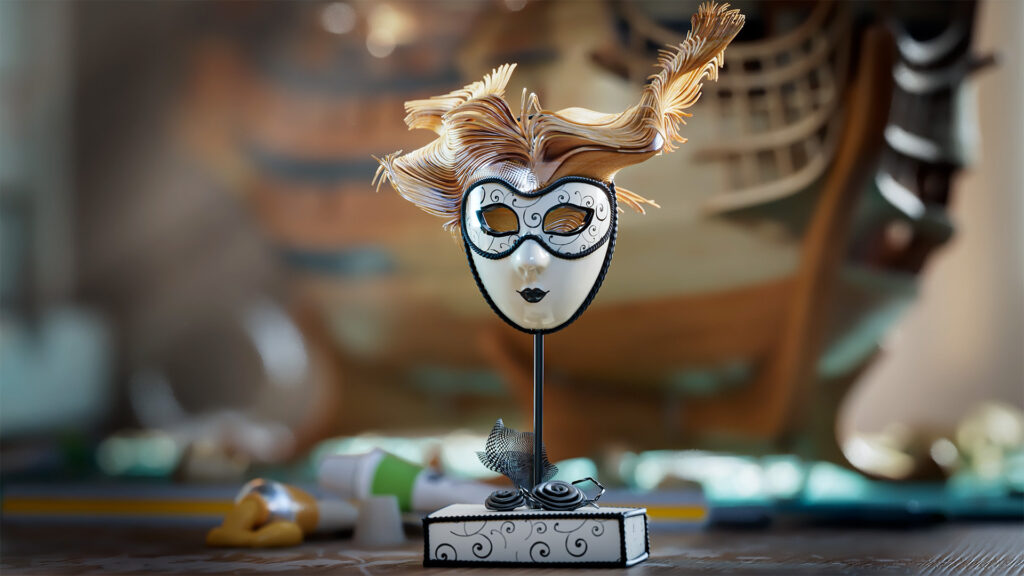 A highly detailed 3D render of an elegant Venetian mask with golden details on a wooden table with paint tubes. The soft depth of field and perfect material rendering demonstrate the seamless host platform integration of V-Ray 7.