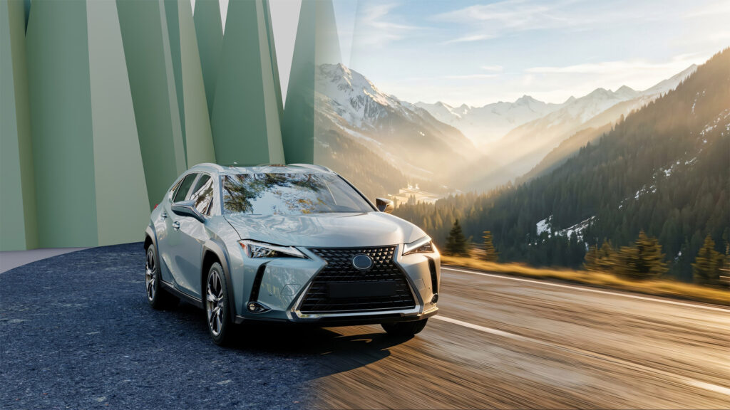A before-and-after view of a 3D car render. On the left, a rough, untextured low-poly block environment is visible; the right shows the impressive AI transformation via Chaos Veras into a photorealistic mountain landscape at sunrise.