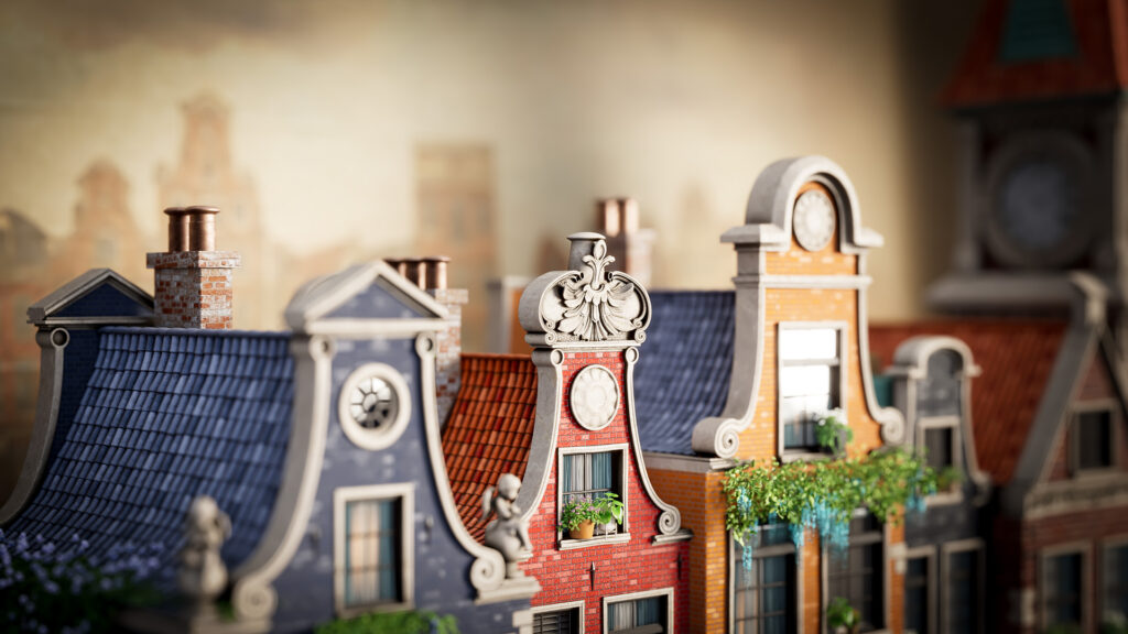 A detailed close-up of the characteristic gables and clocks of 3D miniature buildings, featuring a soft background blur (bokeh) typical of realistic physical camera lenses in V-Ray.