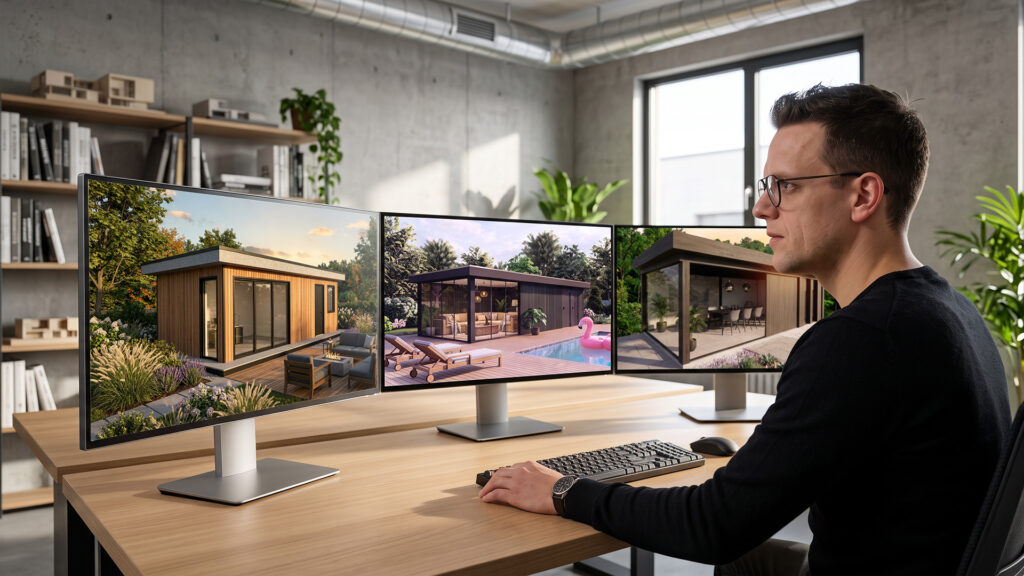 Robert zit geconcentreerd aan zijn bureau bij Design8 bv. Hij kijkt naar een opstelling van drie monitoren, waarop verschillende fotorealistische AI-renders van een moderne tuinkamer naast elkaar worden vergeleken.