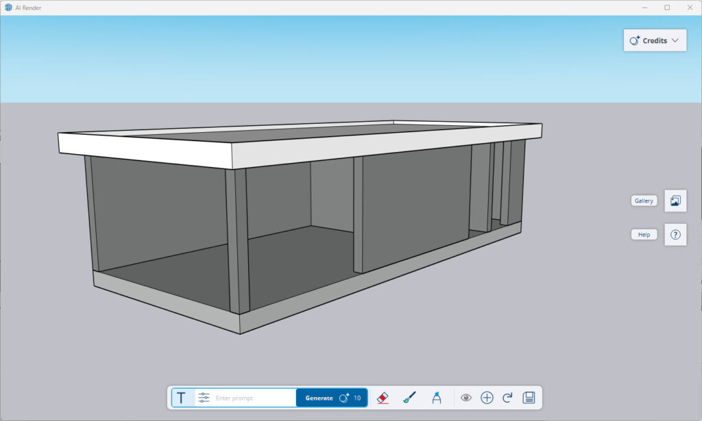 De hoofdinterface van de AI Render tool. Centraal staat het ruwe 3D-blokmodel van een tuinkamer. Onderaan bevindt zich de menubalk met een tekstvak voor prompts en de blauwe 'Generate' knop.