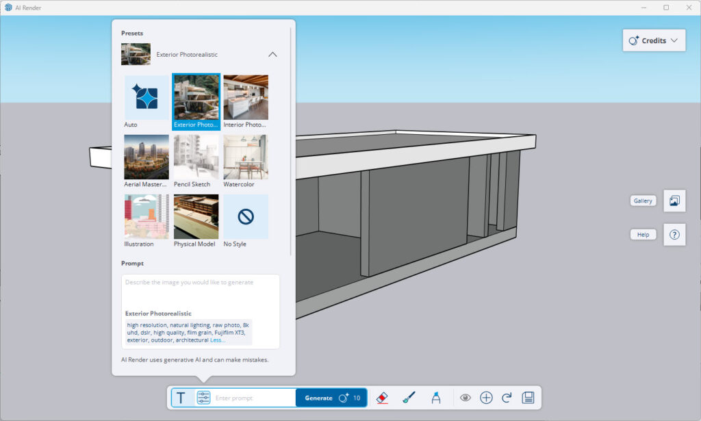 De AI Render interface met een geopend pop-up menu voor het selecteren van visuele stijlen (Presets). De preset 'Exterior Photorealistic' is geselecteerd, waardoor automatisch geavanceerde prompt-termen aan het tekstvak worden toegevoegd.