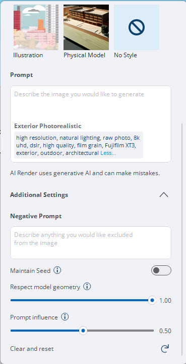 Een weergave van de geavanceerde 'Additional Settings' binnen de AI Render tool. Het menu toont een invoerveld voor de 'Negative Prompt' en schuifregelaars voor 'Respect model geometry' (ingesteld op 1.00) en 'Prompt influence'.