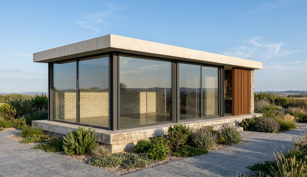 Een fotorealistische AI-render van een moderne tuinkamer met een strak betonnen frame, grote glazen schuifpuien en verticale houten lamellen, geplaatst in een weids en natuurlijk landschap.