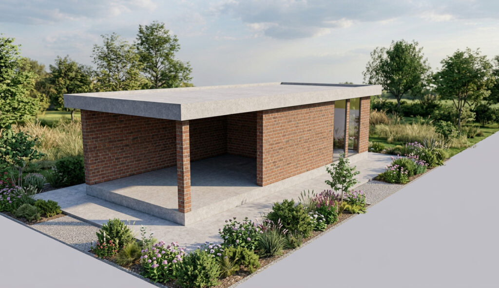 Een alternatieve AI-gegenereerde 3D-render gebaseerd op hetzelfde basismodel. Deze variant toont een open tuinkamer met rode bakstenen muren, een robuuste gemetselde pilaar en een betonnen dak.