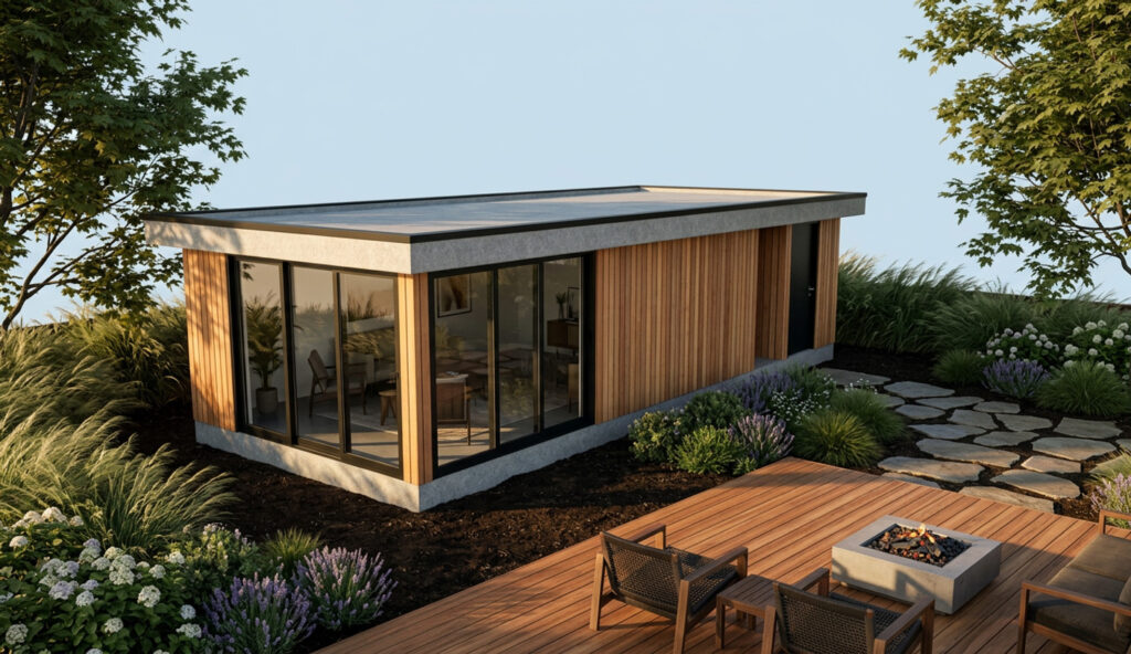 Een zonnige, fotorealistische 3D-render van de tuinkamer, ditmaal met warme houten gevelbekleding. Op de voorgrond is een stijlvolle houten vlonder met loungestoelen en een vuurtafel zichtbaar.