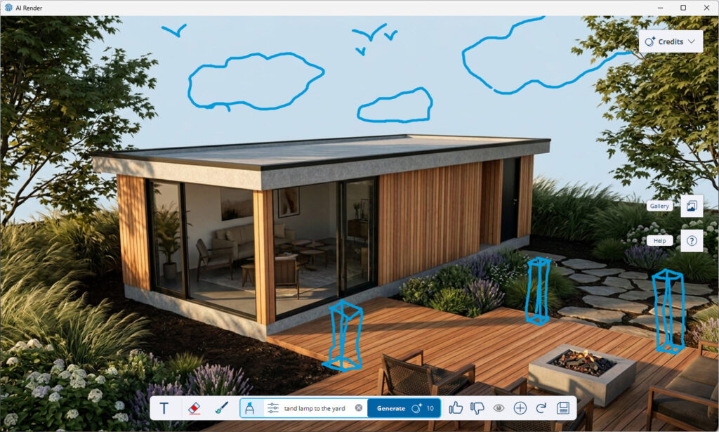 De AI Render interface waarin de 'Sketch' tool wordt gebruikt. Ruwe blauwe lijnen schetsen de contouren van lampen op het terras en vogels in de lucht, begeleid door de prompt om een moderne staande lamp toe te voegen.