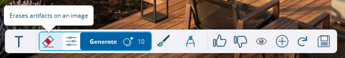 Een close-up van de menubalk in de AI Render interface. De Eraser tool (het gum-icoontje) is geselecteerd met de verklarende tooltip: "Erases artifacts on an image".