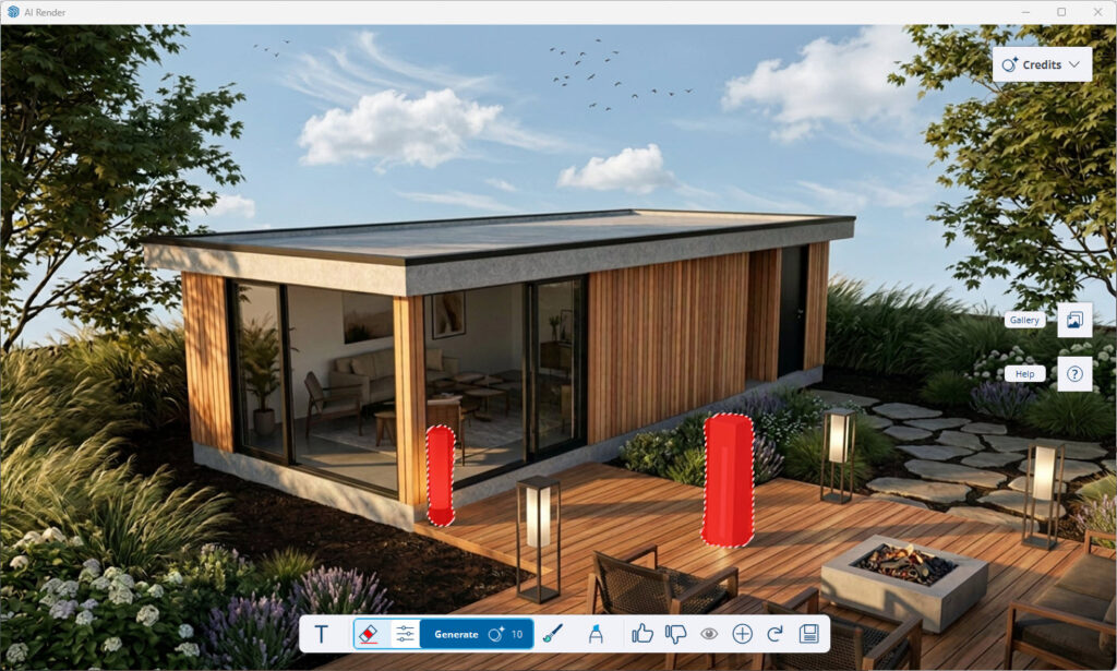 De AI Render interface waarbij twee van de zojuist toegevoegde buitenlampen met de Eraser tool felrood zijn gemarkeerd, klaar om door de AI verwijderd te worden.