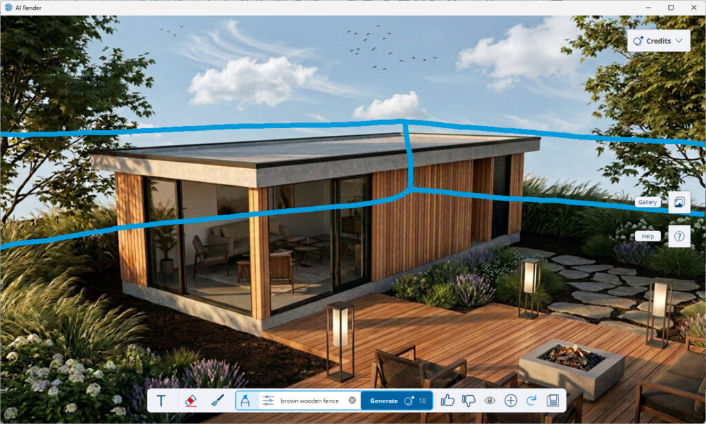 De AI Render interface waarin de 'Sketch' tool wordt gebruikt. Ruwe blauwe lijnen zijn horizontaal over de achtergrond getrokken, waarbij de prompt vraagt om een 'brown wooden fence' (bruine houten schutting).
