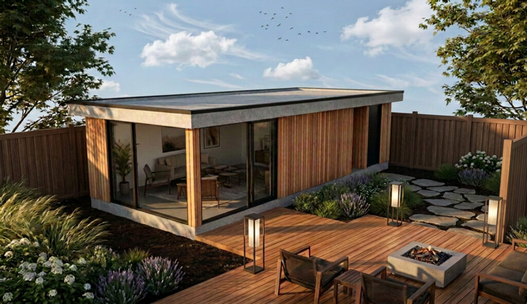 Het fotorealistische resultaat na de bewerking. Er staat nu een realistische bruine houten schutting in de achtergrond, die perfect is weggewerkt áchter het gebouw en de bestaande planten.